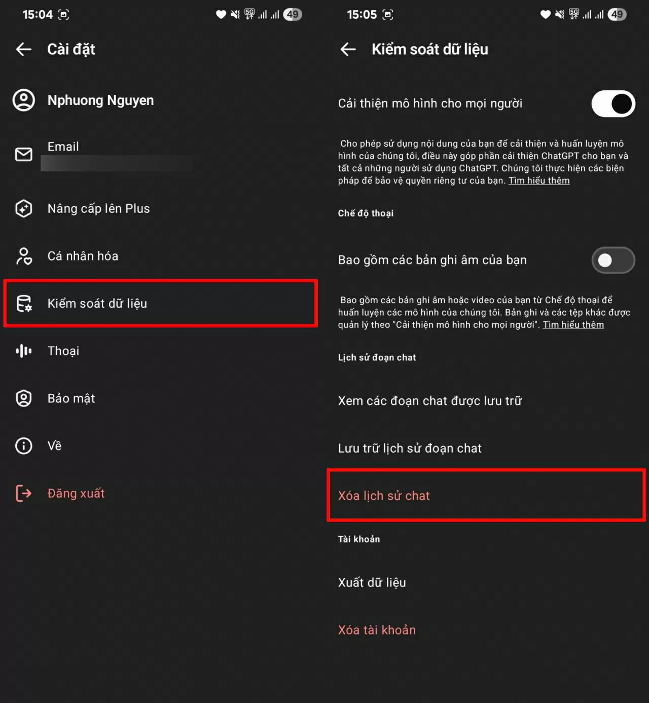 Truy cập mục Kiểm soát dữ liệu, sau đó nhấn Xóa lịch sử chat.