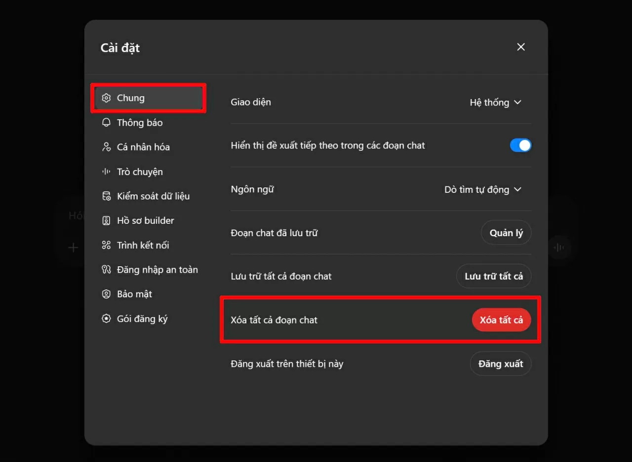 Vào tab Chung, bạn sẽ thấy tùy chọn Xóa tất cả đoạn chat.