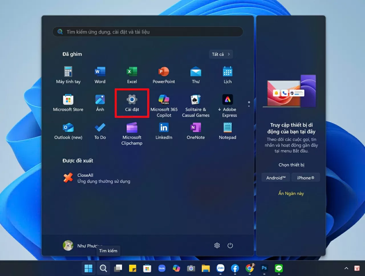 Mở ứng dụng Cài đặt.