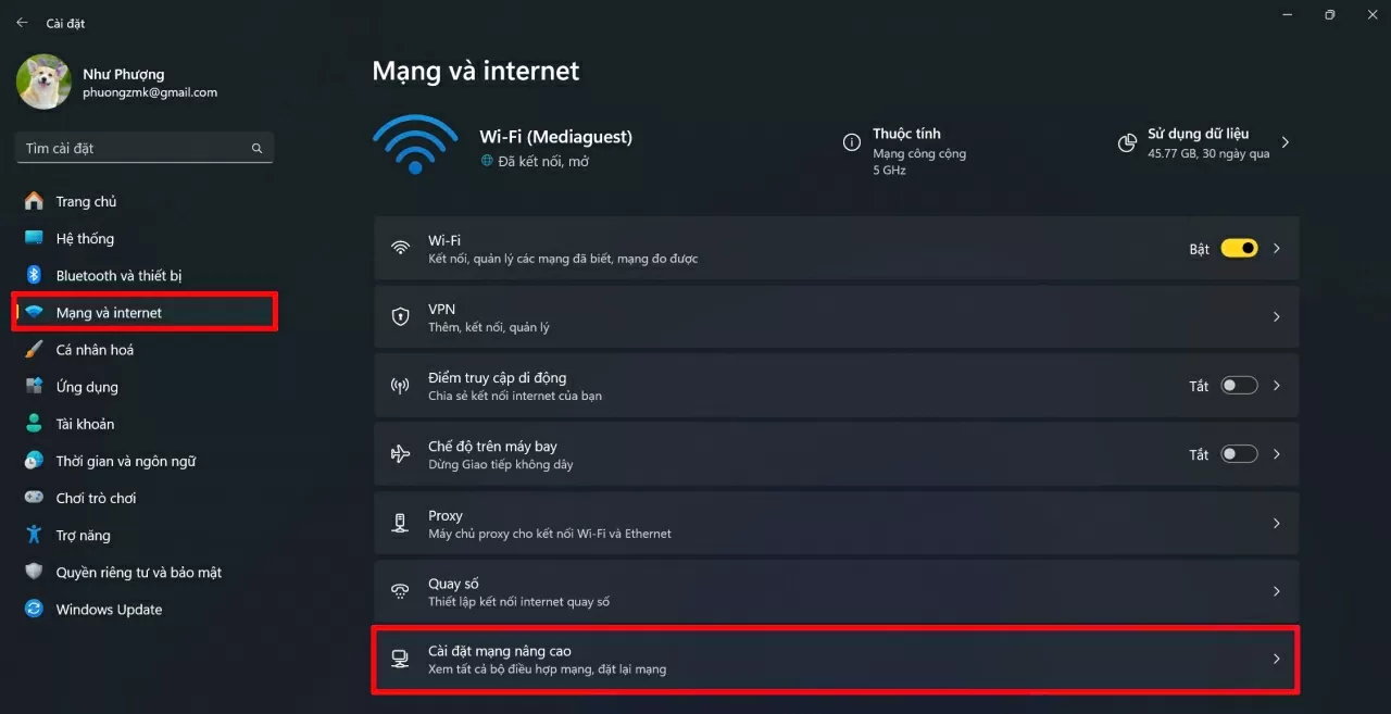 Chọn mục “Mạng & Internet”.