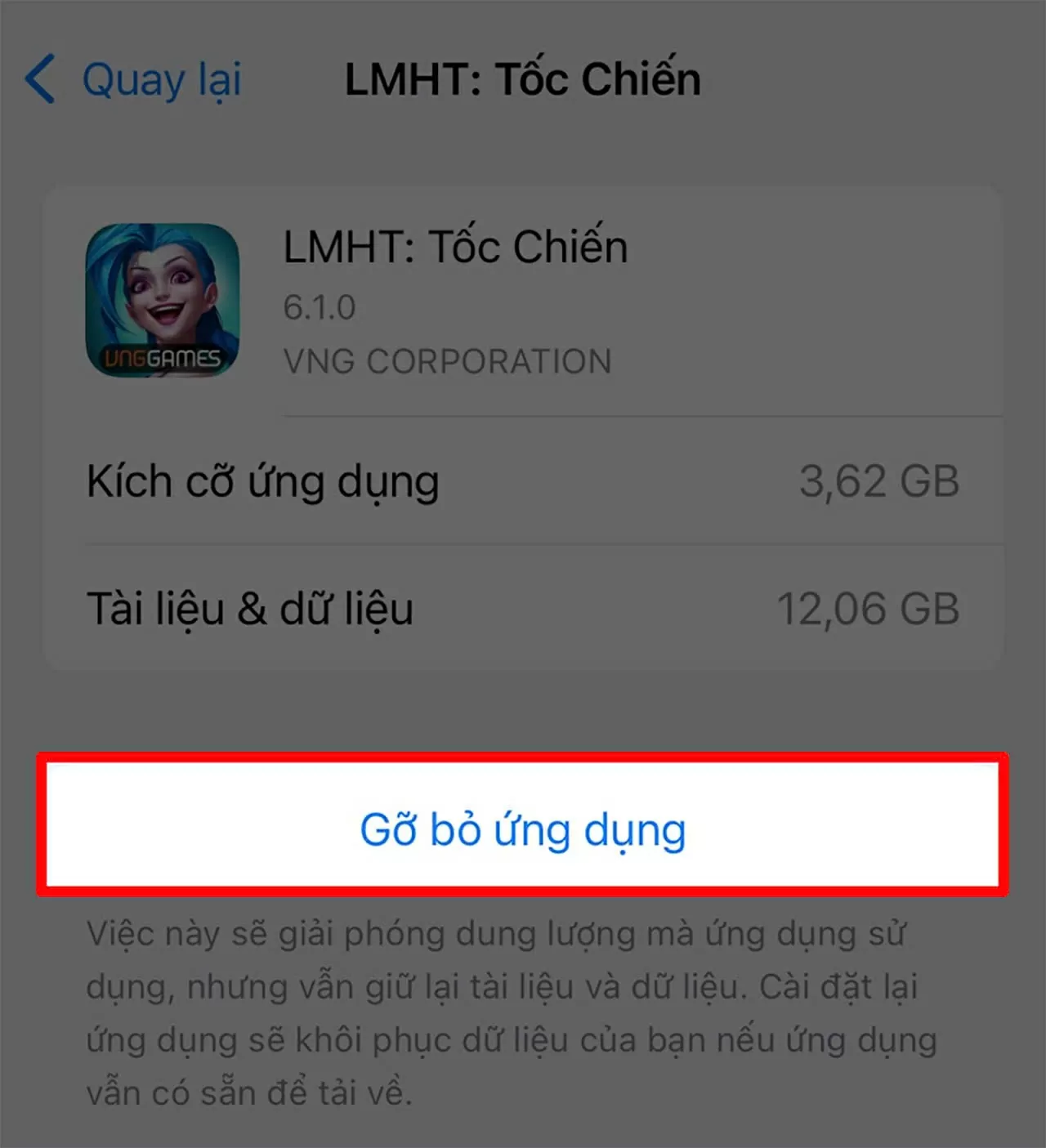 Nhấn Gỡ bỏ ứng dụng để xóa toàn bộ dữ liệu đi kèm.