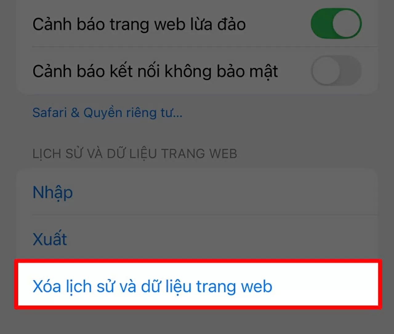 Nhấn vào mục Xóa lịch sử và dữ liệu trang web. Nhấn vào mục Xóa lịch sử và dữ liệu trang web.