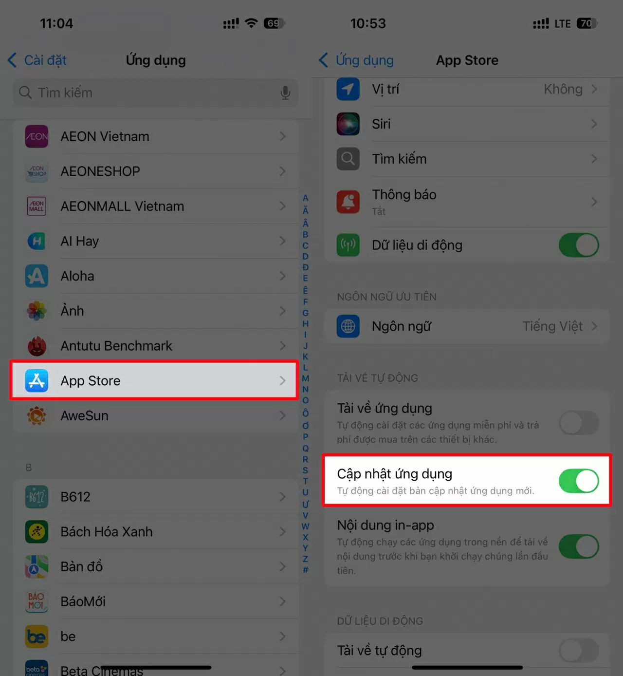 Vào Cài đặt > chọn App Store > gạt tắt mục Tải về tự động.