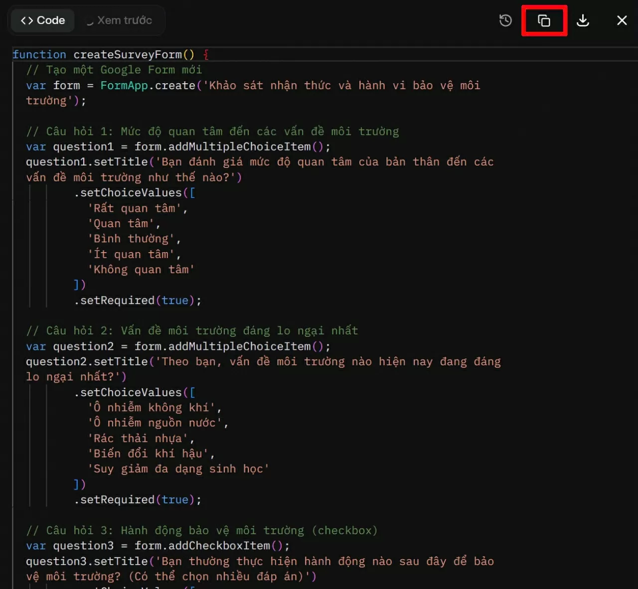 Grok sẽ trả về một đoạn mã (Script) dùng để tạo biểu mẫu.