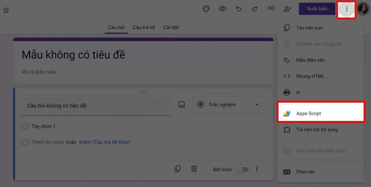 Chọn “Trình chỉnh sửa Apps Script”. Chọn “Trình chỉnh sửa Apps Script”.