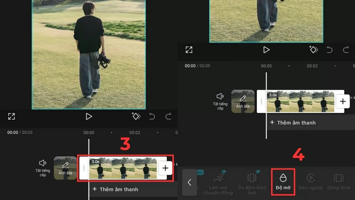 Chọn clip và tìm công cụ chỉnh độ mờ.