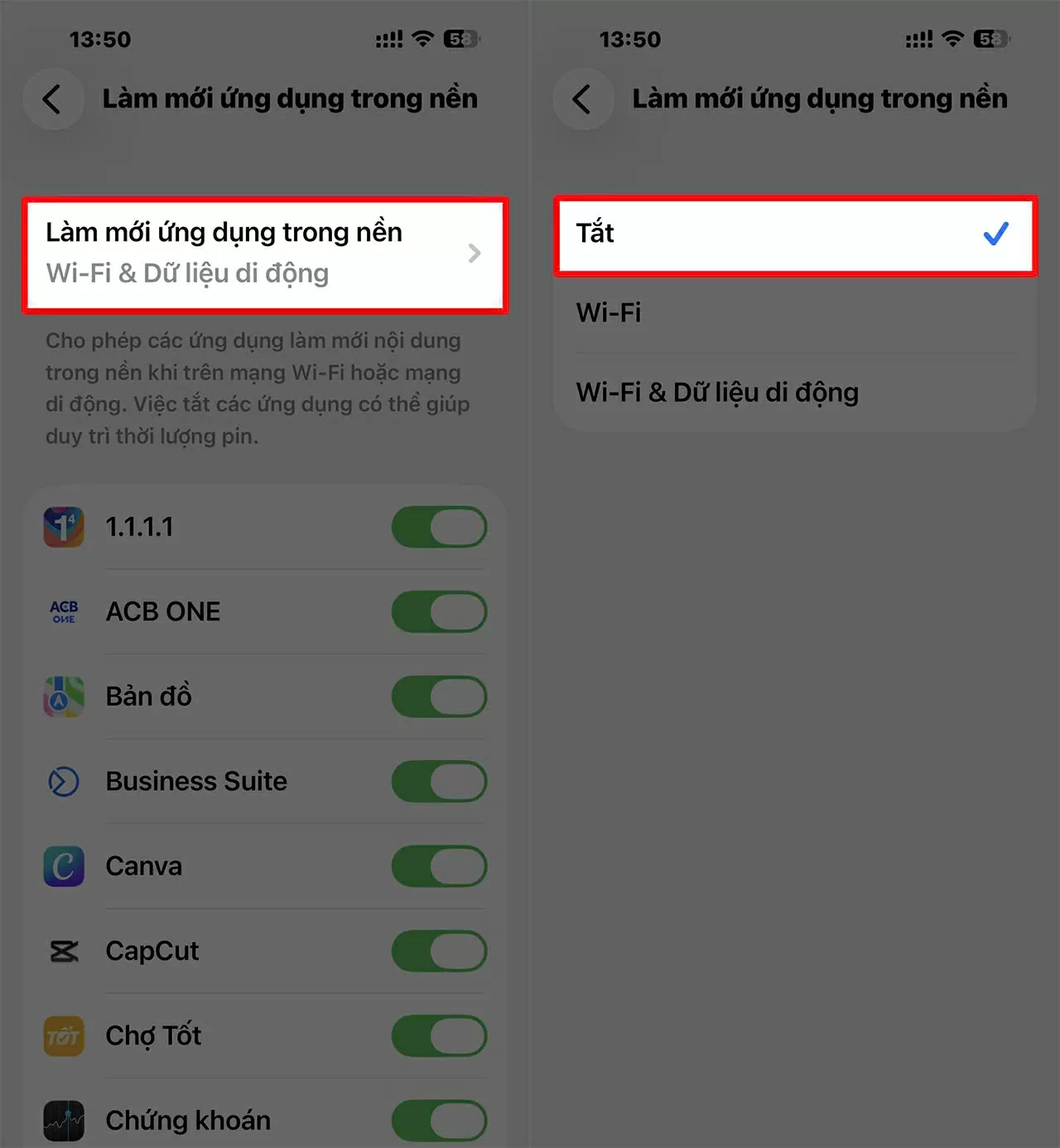Chọn Tắt hoặc Chỉ dùng Wi-Fi.
