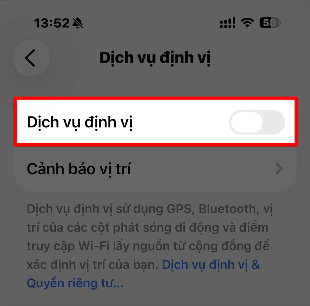 Nhấn vào Dịch vụ định vị.