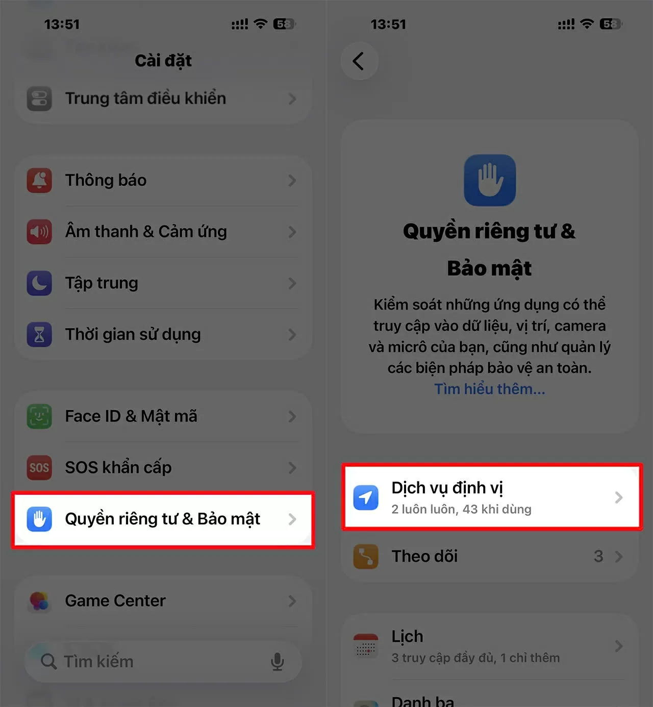 Vào Cài đặt > chọn Quyền riêng tư và bảo mật.