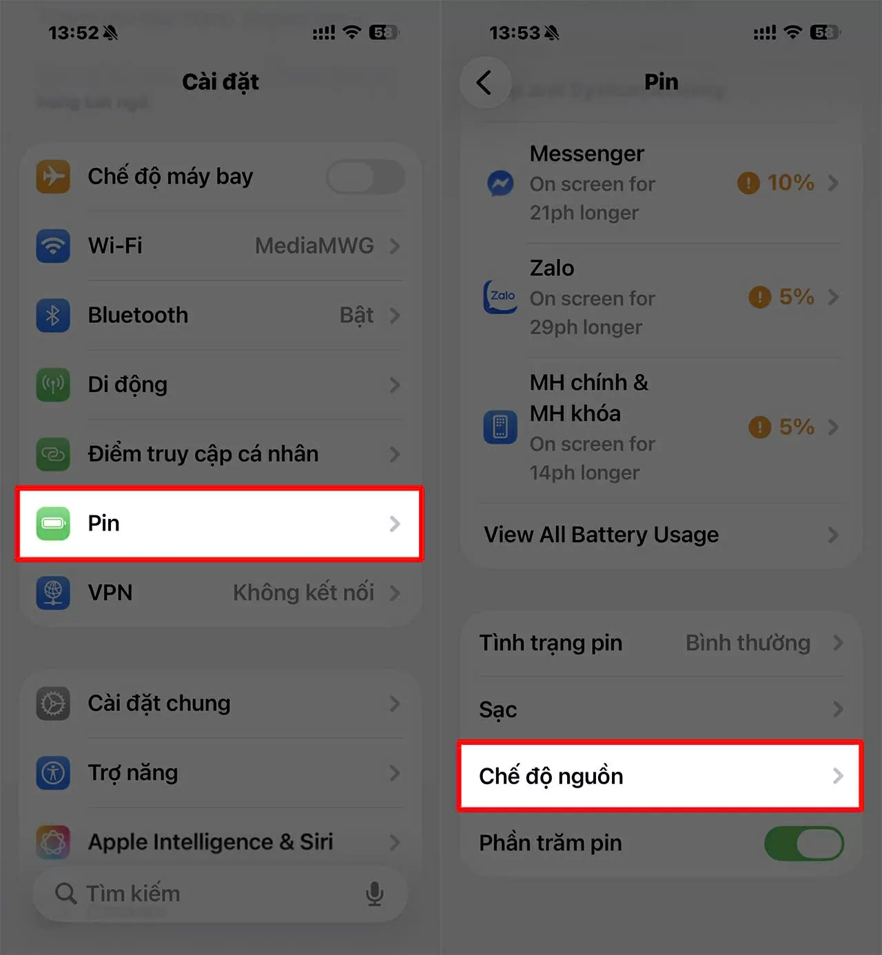 Vào Cài đặt > chọn Pin. Vào Cài đặt > chọn Pin.
