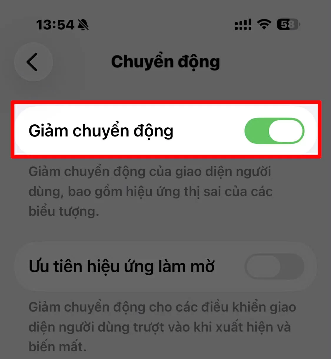 Gạt bật Giảm chuyển động.