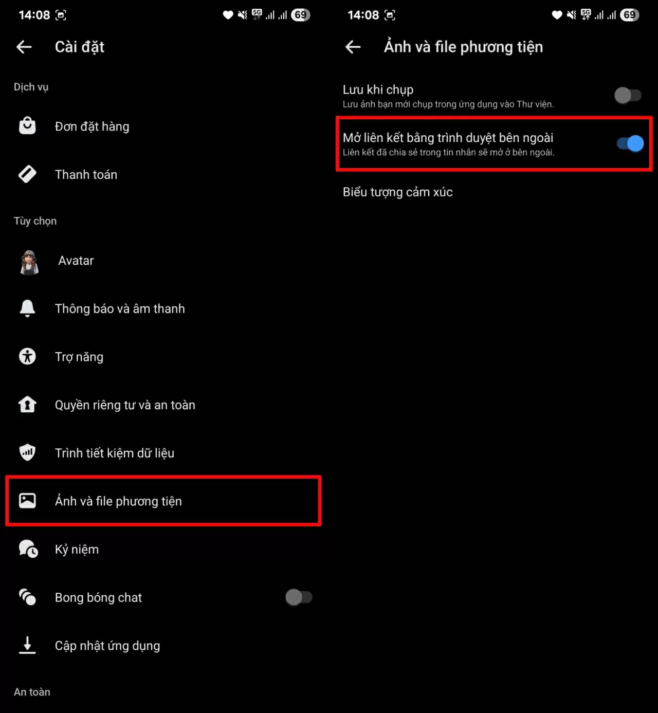 Gạt công tắc Mở liên kết bằng trình duyệt bên ngoài sang trạng thái bật. Gạt công tắc Mở liên kết bằng trình duyệt bên ngoài sang trạng thái bật.