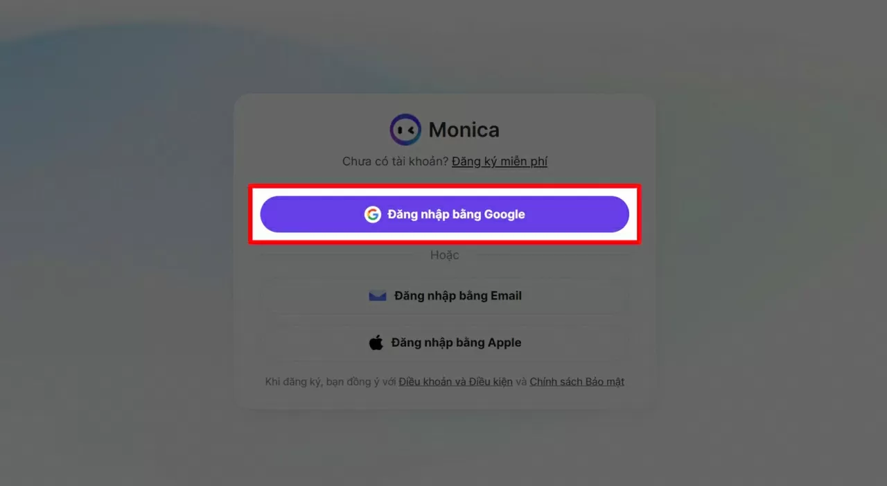 Đăng nhập vào tài khoản Monica cá nhân.