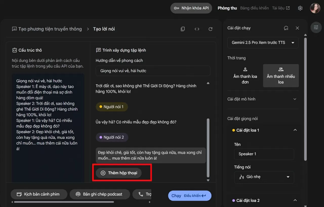 Nhấn vào Thêm hội thoại để thêm các dòng mới.