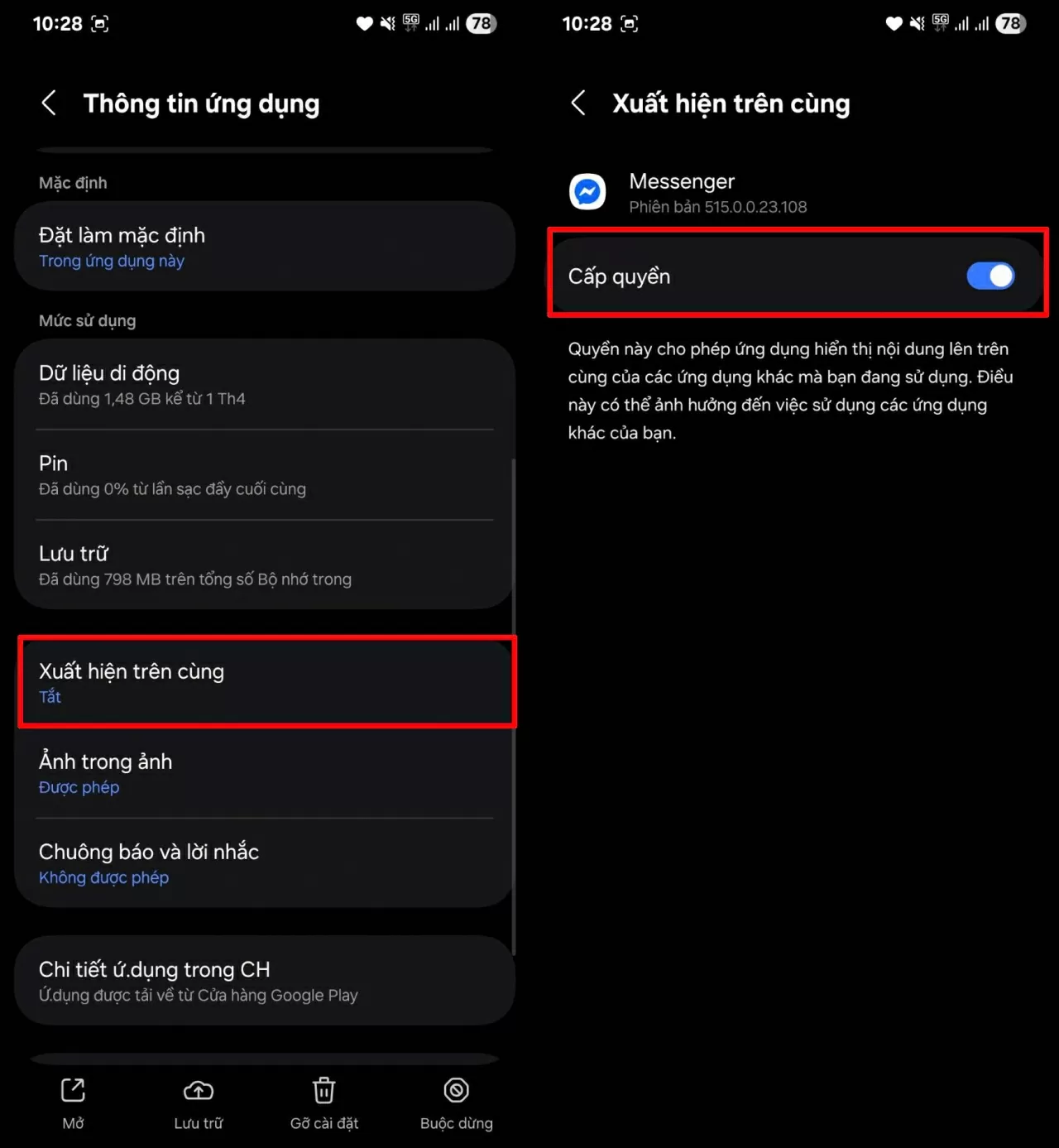 Cuộn xuống và chọn mục Hiển thị trên cùng.