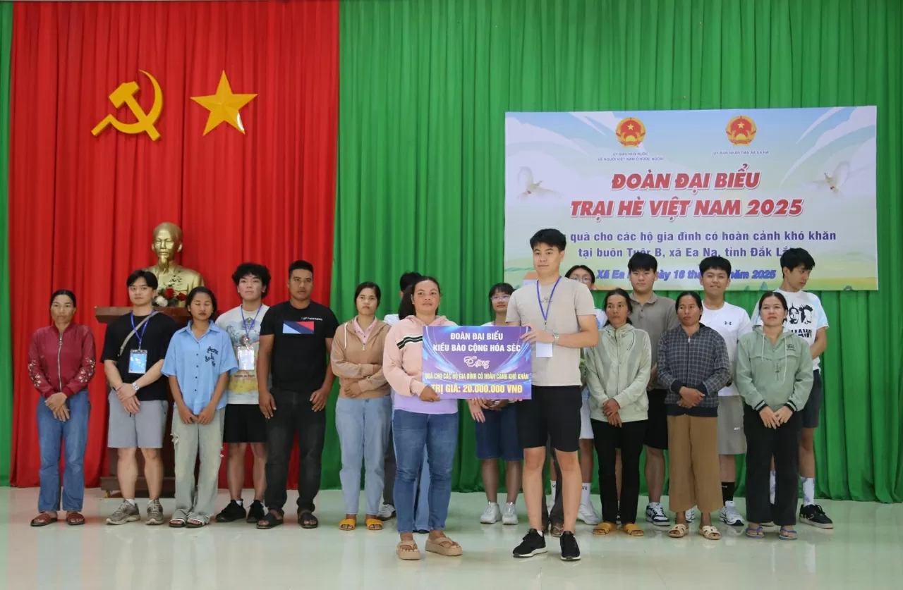 Đoàn kiều bào Cộng hòa Cezch ủng hộ bà con Buôn Tuôr B có hoàn cảnh khó khăn. (Ảnh: Thành Long) Đoàn kiều bào Cộng hòa Cezch ủng hộ bà con Buôn Tuôr B có hoàn cảnh khó khăn. (Ảnh: Thành Long)