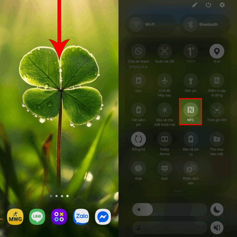 Vuốt từ cạnh trên màn hình xuống để mở bảng cài đặt nhanh.
