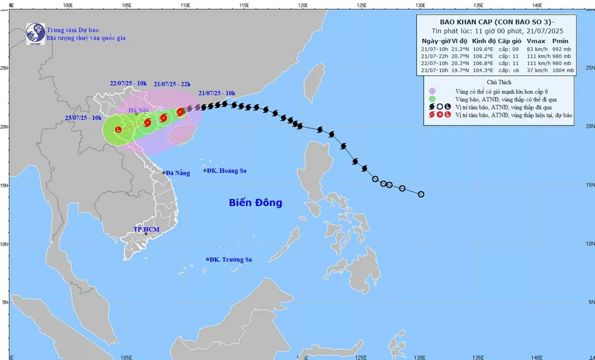 Bão số 3 đi vào vịnh Bắc Bộ, có khả năng mạnh lên, gió giật cấp 14, không an toàn cho phương tiện hoạt động trong vùng nguyu hiểm