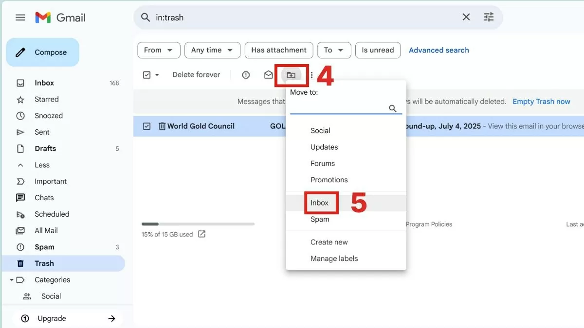 Tìm email cần khôi phục, đánh dấu chọn thư đó. Tìm email cần khôi phục, đánh dấu chọn thư đó.