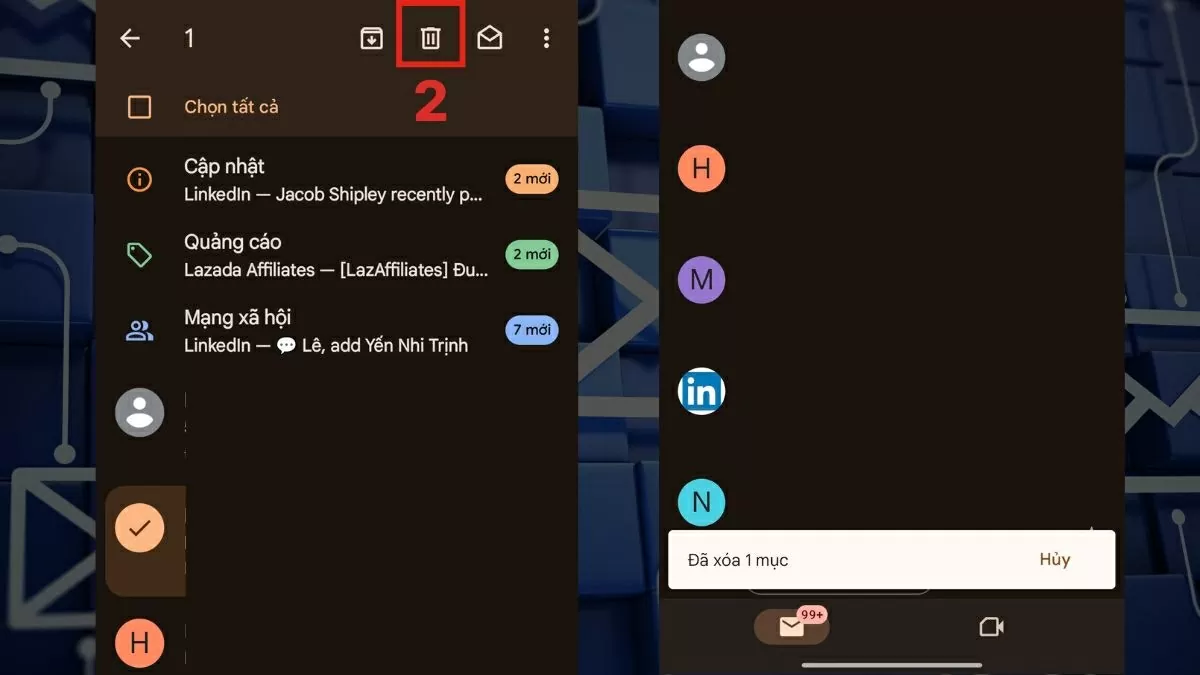 Nhấn vào biểu tượng thùng rác để đưa email vào mục đã xóa. Nhấn vào biểu tượng thùng rác để đưa email vào mục đã xóa.