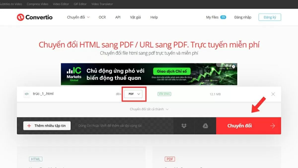 Trong phần định dạng đầu ra, chọn “PDF” làm đích chuyển đổi.