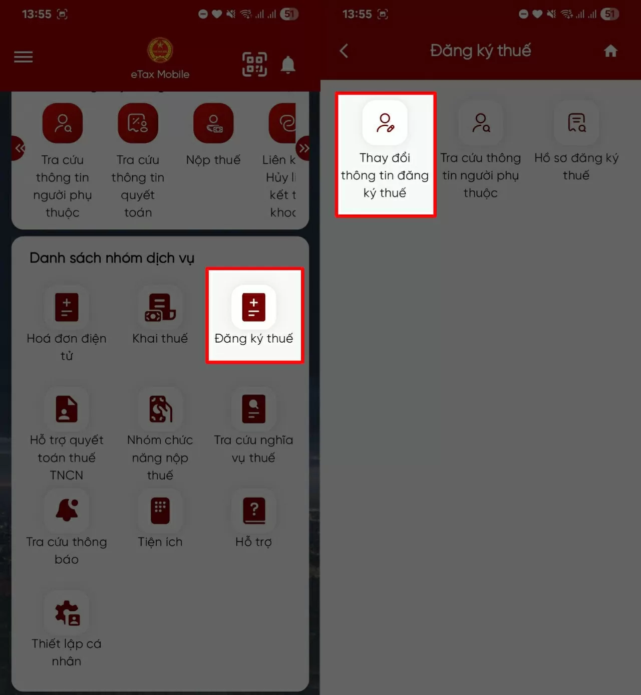 Tiếp tục chọn Thay đổi thông tin ĐKT.