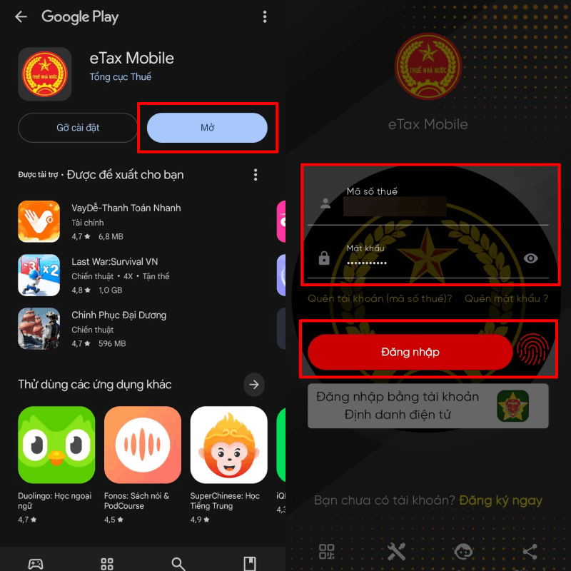 Mở ứng dụng Thuế điện tử, đăng nhập bằng tài khoản thuế cá nhân đã đăng ký.