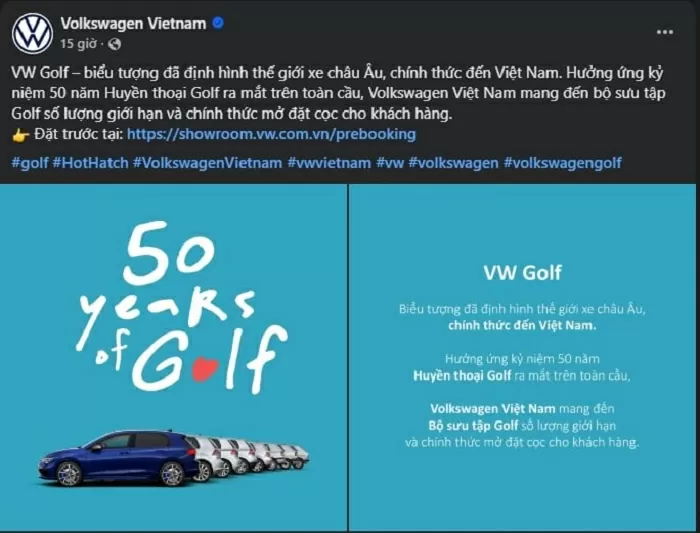 Thông tin ra mắt Volkswagen Golf được đăng tải trên fanpage của Volkswagen Việt Nam