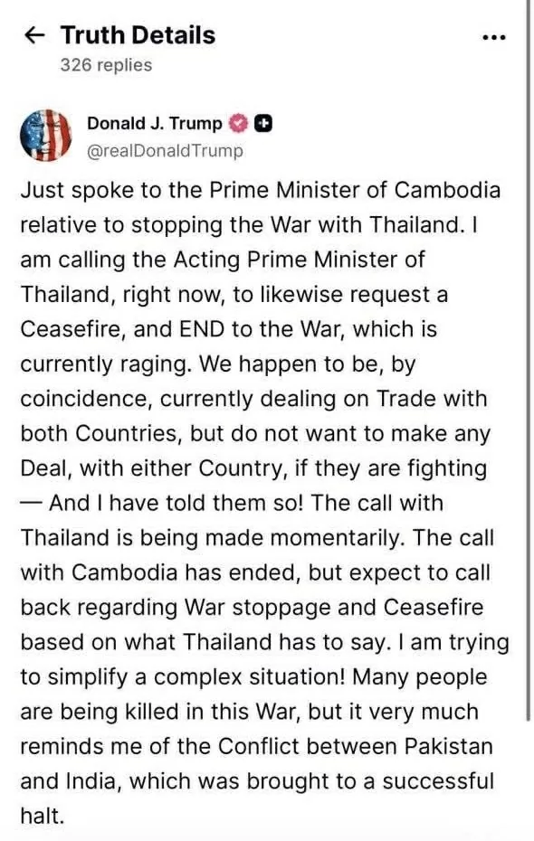Đưa ra điều kiện thuế quan, Tổng thống Donald Trump tuyên bố Thái Lan và Campuchia đồng ý tổ chức đàm phán ngừng bắn ngay lập tức sau nhiều ngày căng thẳng xuyên biên giới Đưa ra điều kiện thuế quan, Tổng thống Donald Trump tuyên bố Thái Lan và Campuchia đồng ý tổ chức đàm phán ngừng bắn ngay lập tức sau nhiều ngày căng thẳng xuyên biên giới