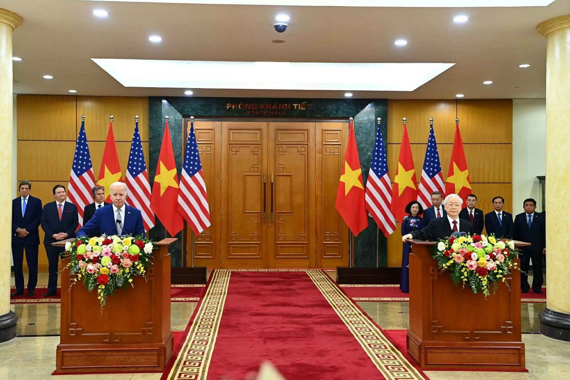 Tổng Bí thư Nguyễn Phú Trọng và Tổng thống Mỹ Joe Biden tại buổi phát biểu với báo chí ngay sau hội đàm, chiều 10/9 (Ảnh: Trọng Hải).