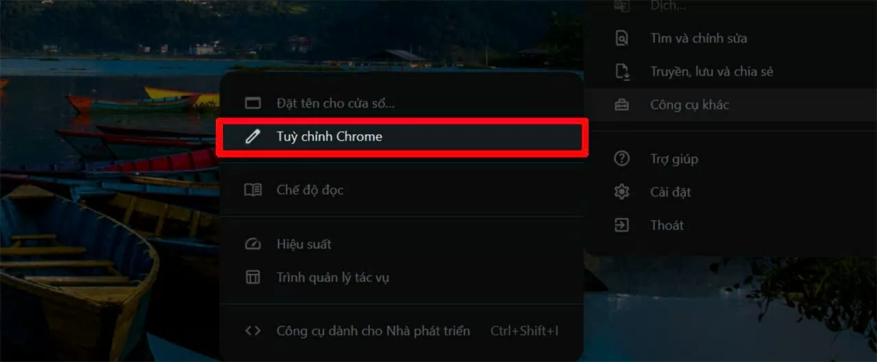 Tiếp tục chọn Tùy chỉnh Chrome để truy cập các tùy chọn hiển thị tiện ích. Tiếp tục chọn Tùy chỉnh Chrome để truy cập các tùy chọn hiển thị tiện ích.