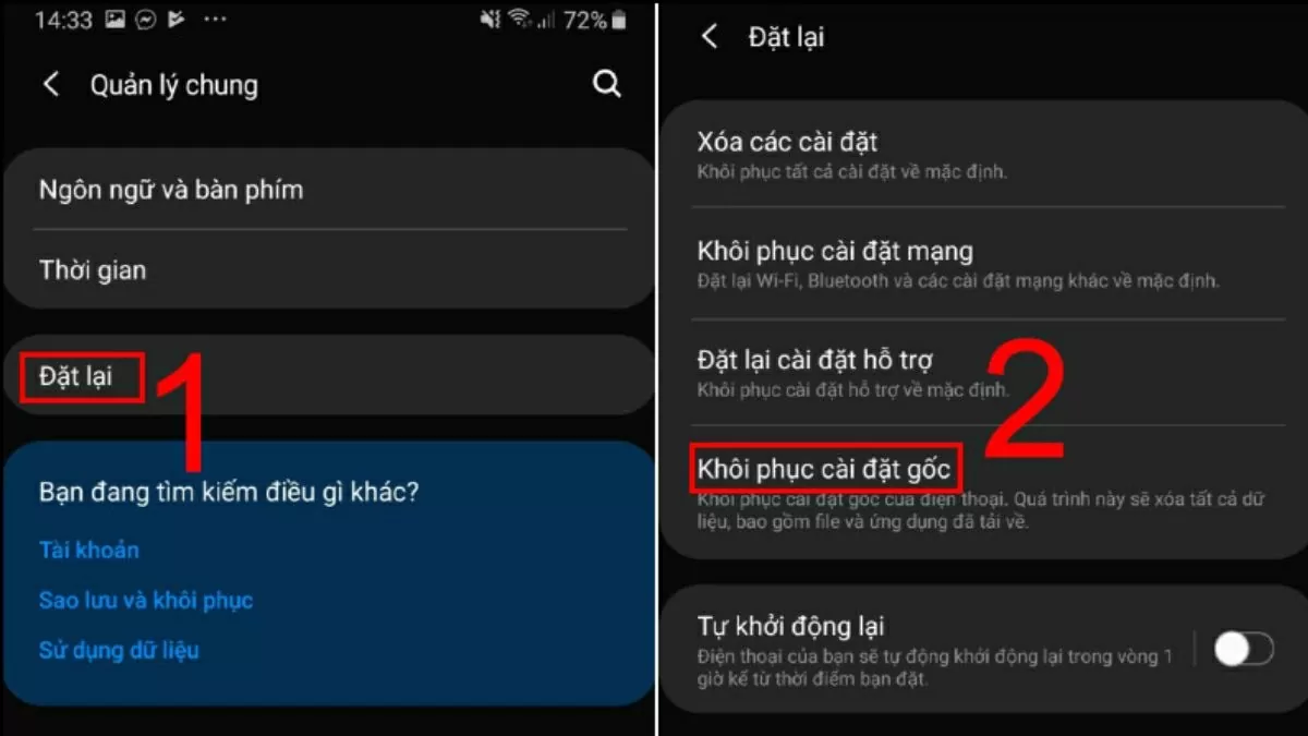 Chọn Đặt lại > Khôi phục cài đặt gốc. Chọn Đặt lại > Khôi phục cài đặt gốc.