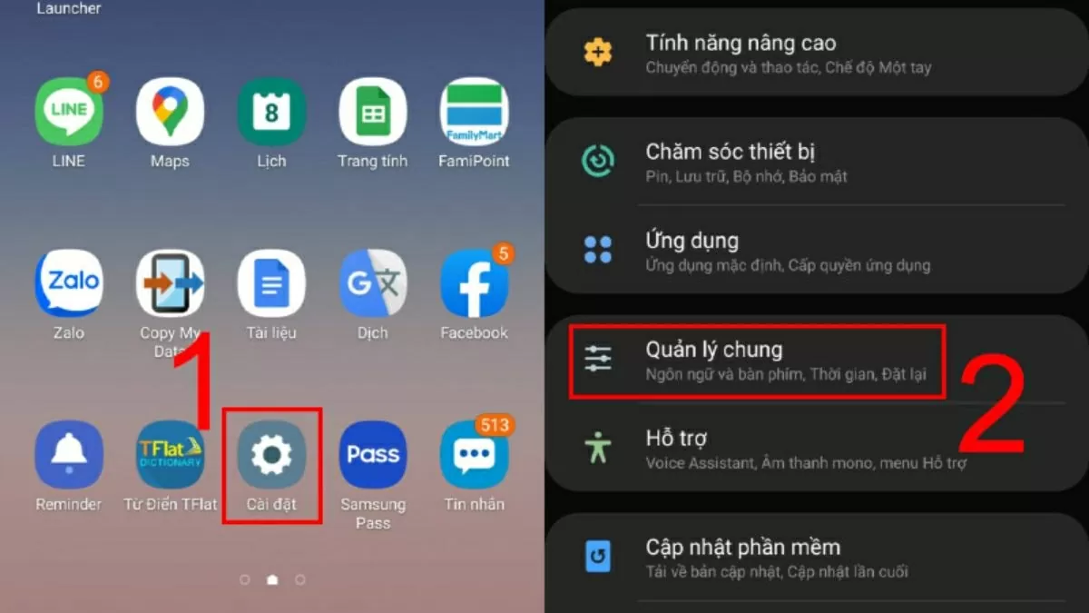 Vào Cài đặt > Quản lý chung. Vào Cài đặt > Quản lý chung.