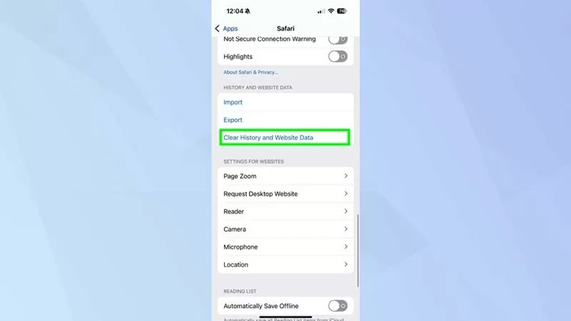 Chọn xóa lịch sử và dữ liệu trang web