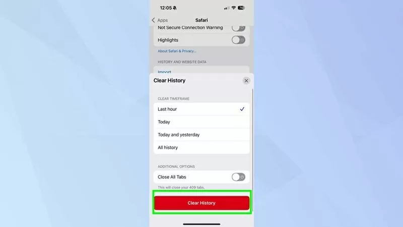 Bấm vào Clear History