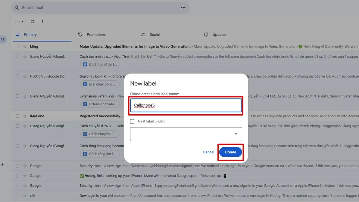 Nhấn “Tạo” (Create) để hoàn tất.