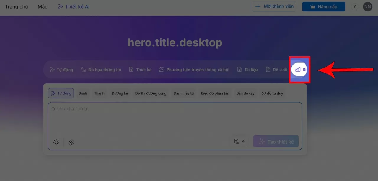 ìm mục Biểu đồ (Chart) ở bên phải màn hình.