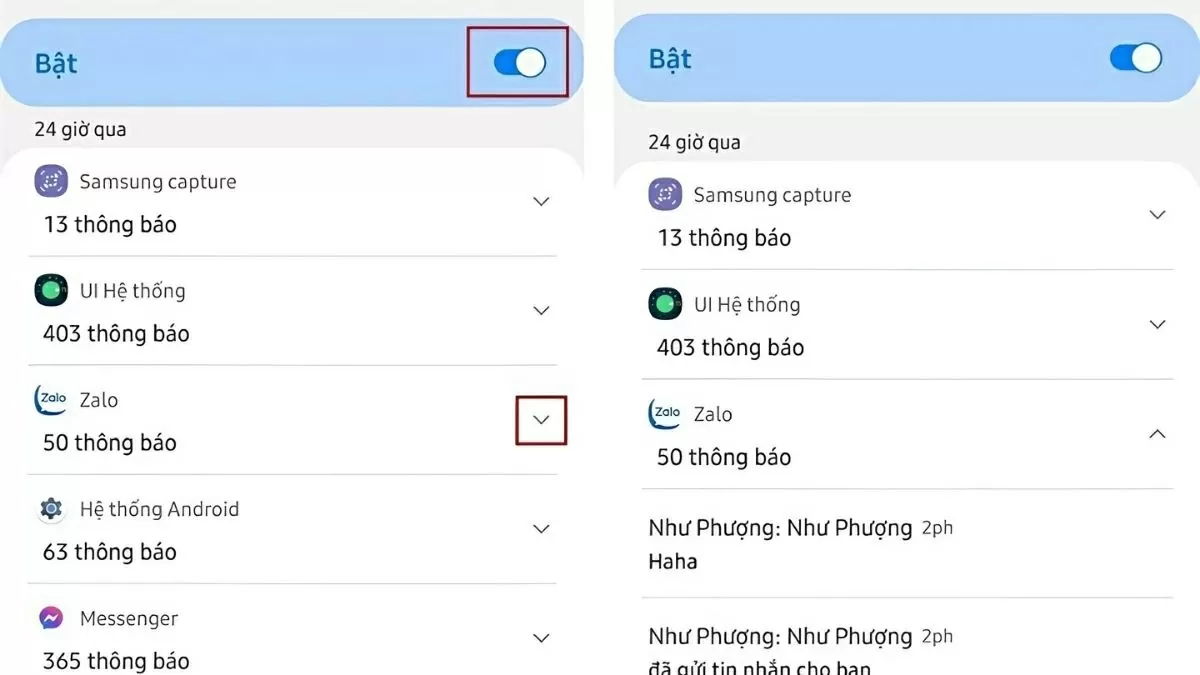Bật tính năng Nhật ký thông báo bằng cách gạt nút sang phải.