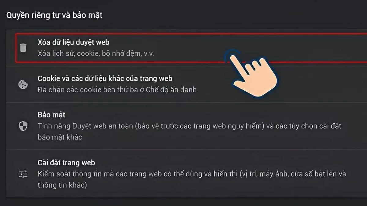 Nhấp vào Xóa dữ liệu duyệt web (Clear browsing data)