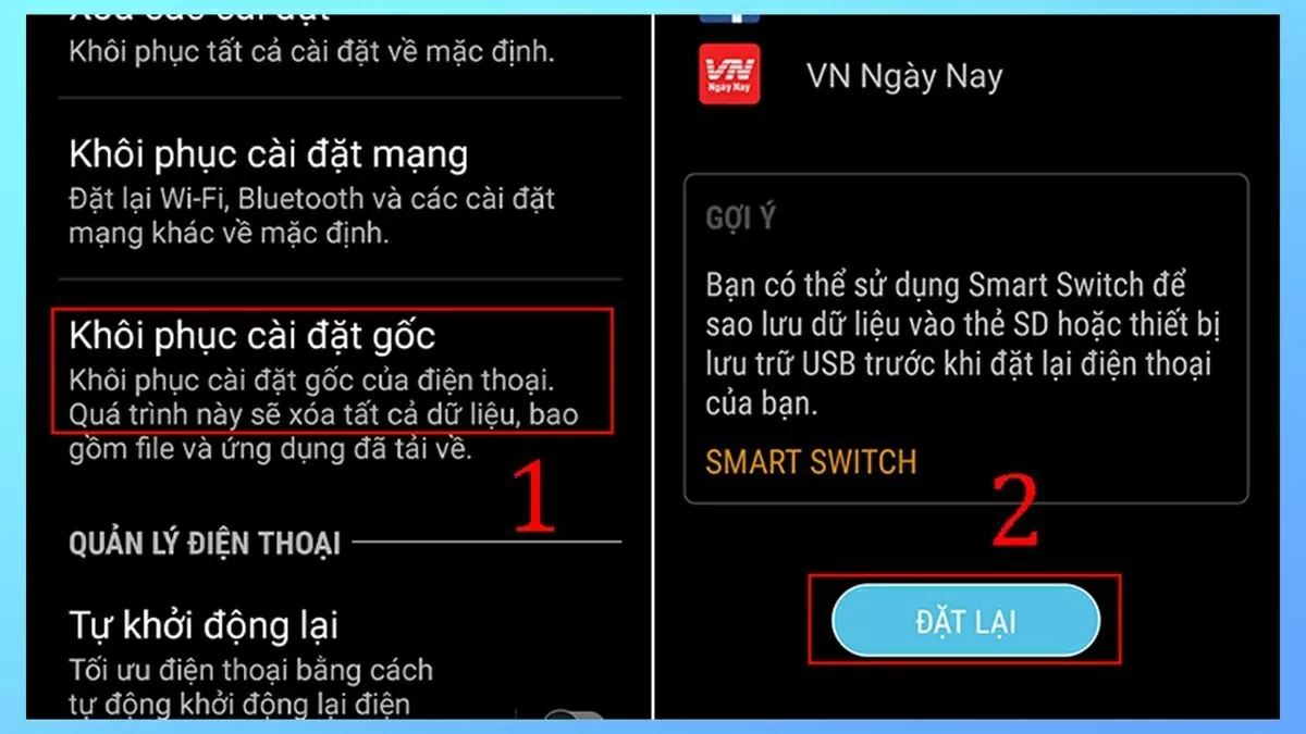Chọn Khôi phục cài đặt gốc, rồi xác nhận bằng cách nhấn Đặt lại thiết bị. Chọn Khôi phục cài đặt gốc, rồi xác nhận bằng cách nhấn Đặt lại thiết bị.