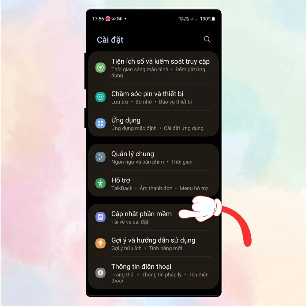 Vào Cài đặt, cuộn xuống chọn Cập nhật phần mềm.