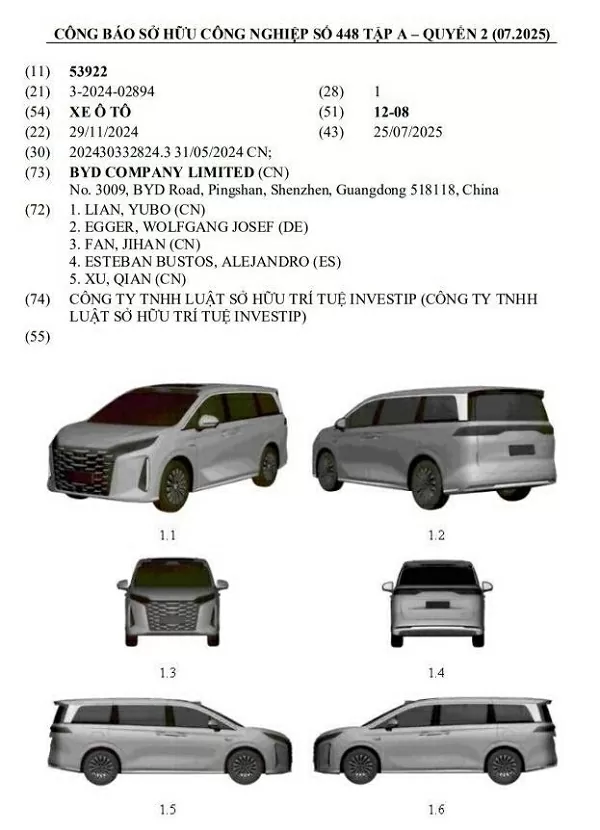 BYD M9 2025 vừa được phát hiện trong danh mục đăng ký kiểu dáng công nghiệp tại Việt Nam.