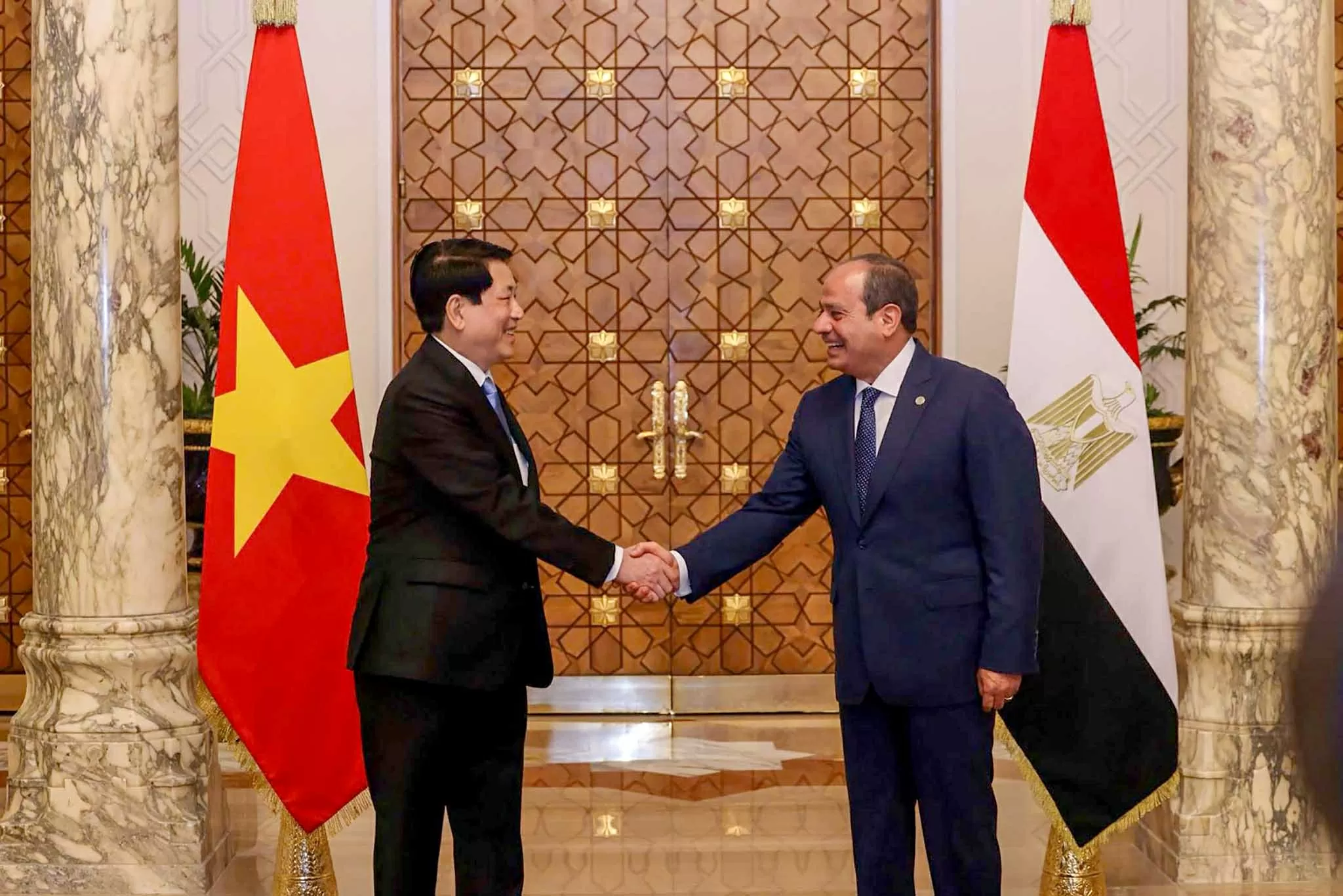 Chủ tịch nước Lương Cường và Tổng thống Ai Cập Abdel Fattah El-Sisi chụp ảnh chung.