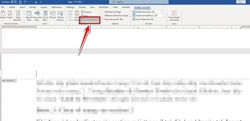 Ngắt liên kết Header/Footer giữa hai phần Ngắt liên kết Header/Footer giữa hai phần