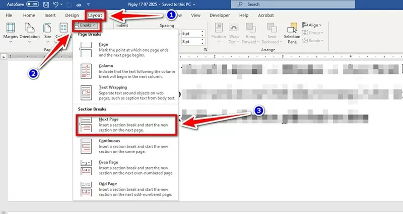 Tạo ngắt Section tại cuối trang 1 Tạo ngắt Section tại cuối trang 1
