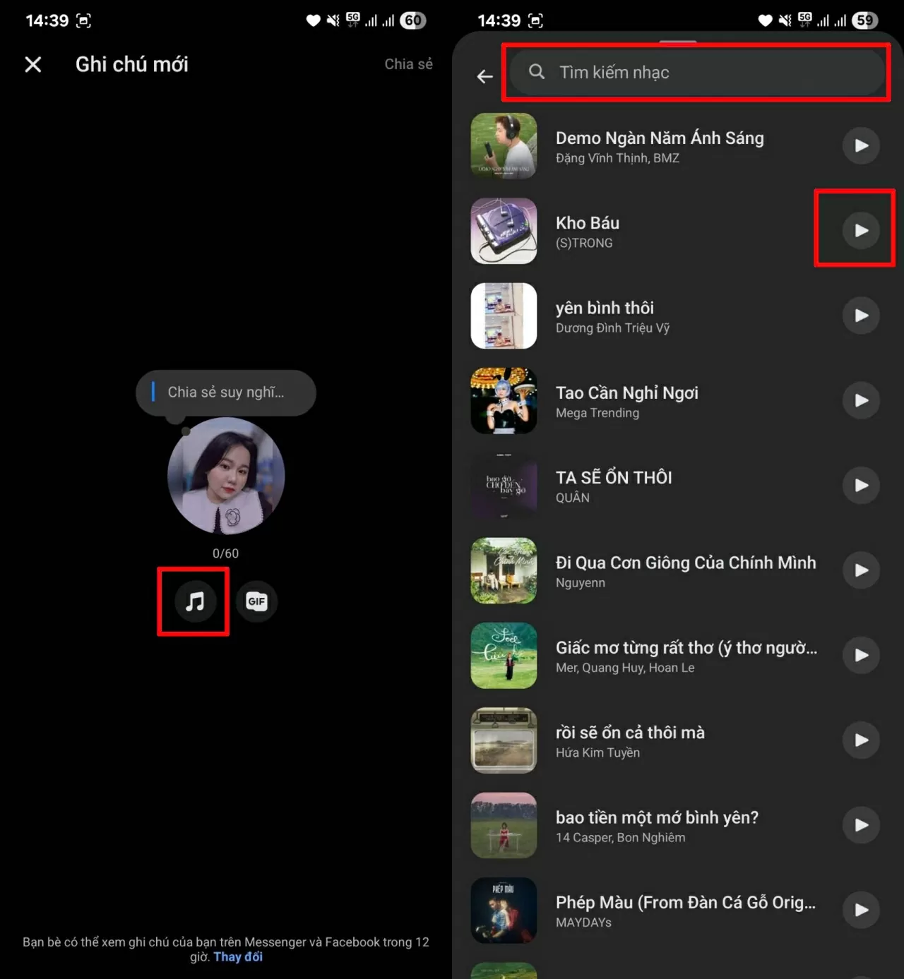 Nhấn vào biểu tượng nốt nhạc  bên dưới ảnh đại diện.