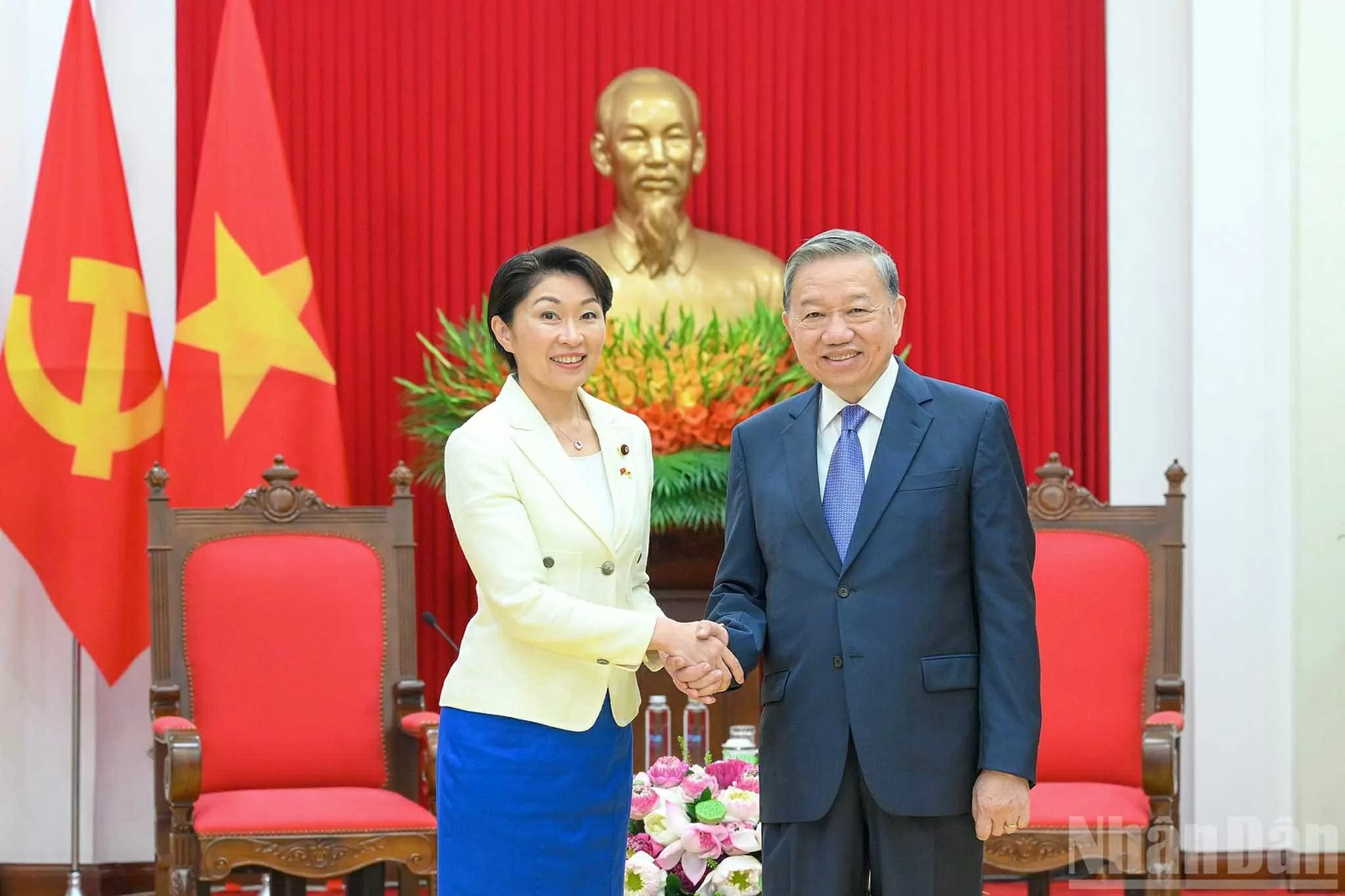 Tổng Bí thư Tô Lâm tiếp bà Obuchi Yuko, Hạ Nghị sĩ, Chủ tịch Liên minh Nghị sĩ hữu nghị Nhật-Việt. (Nguồn: Báo Nhân dân)