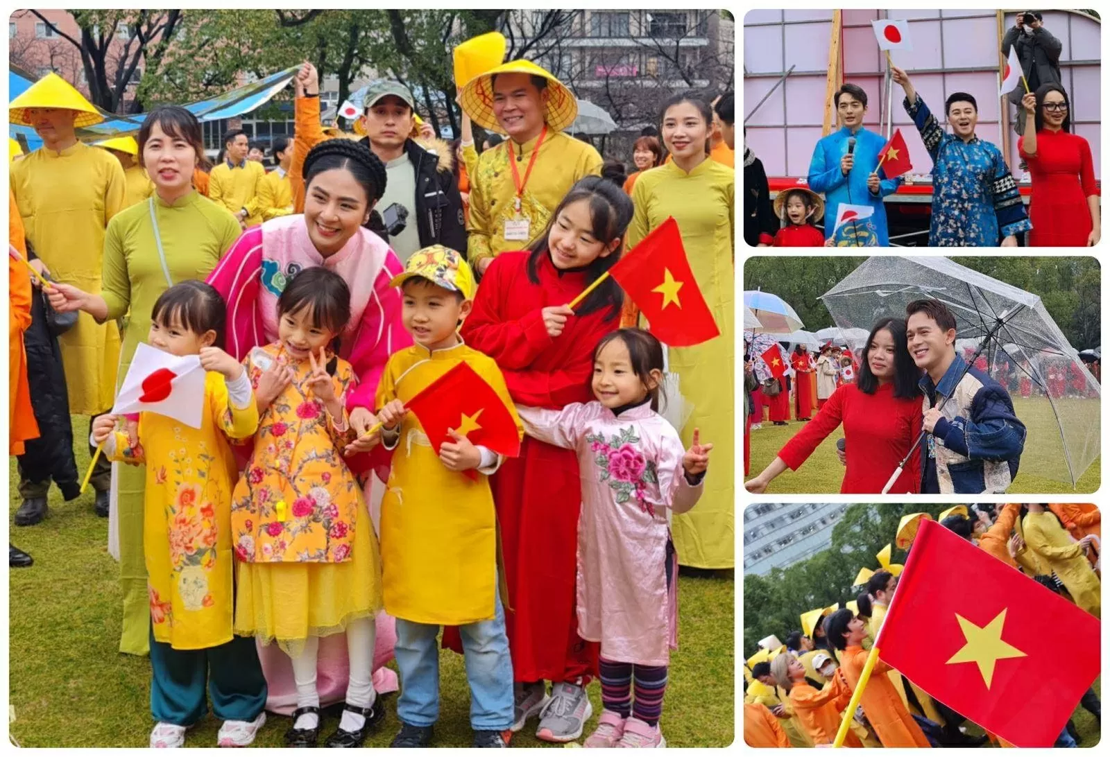 (Các cháu bé cùng gia đình và các nghệ sỹ tham gia xếp hình bản đồ Việt Nam tại Lễ hội Xuân quê hương năm 2024 tại Fukuoka)