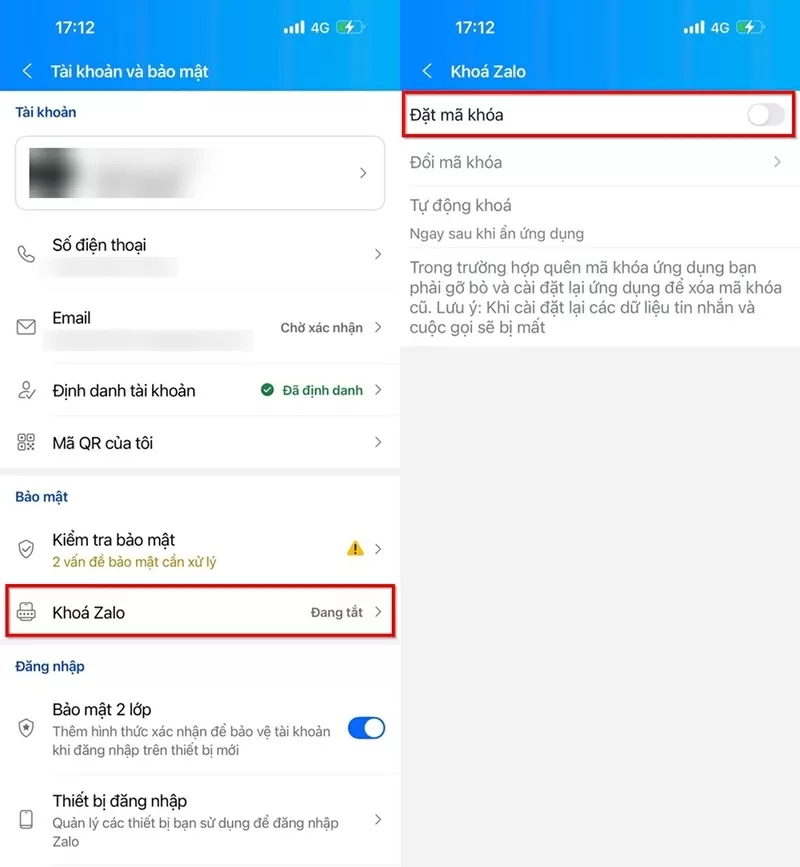Chọn mục Khóa Zalo