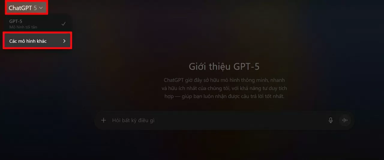 Nhấn vào tên GPT-5 ở góc trên bên trái Nhấn vào tên GPT-5 ở góc trên bên trái